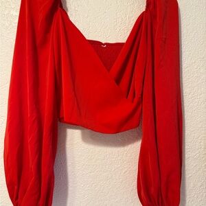 SHEIN Red Wrap Crop Blouse Long Sleeve